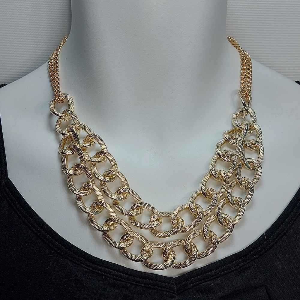 Chunky Gold Tone Double Strand Womens Statement Necklace